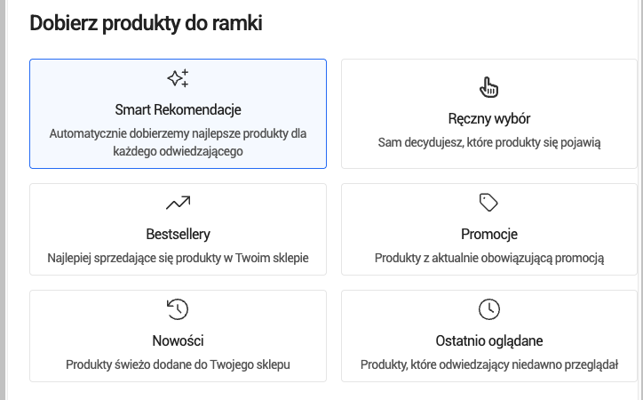 Ekran 'Dobierz produkty do ramki' w panelu edrone