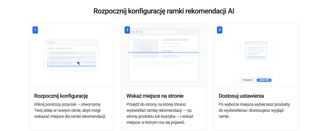 Rozpocznij konfigurację ramki rekomendacji AI — 3 kroki: rozpocznij, wskaż miejsce, dostosuj