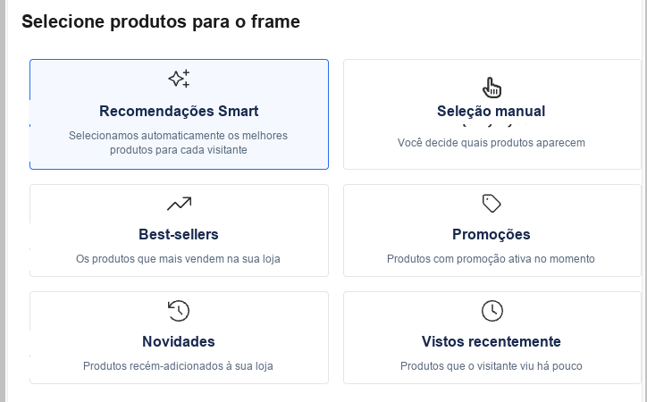 Tela 'Escolher produtos para a vitrine' no painel edrone